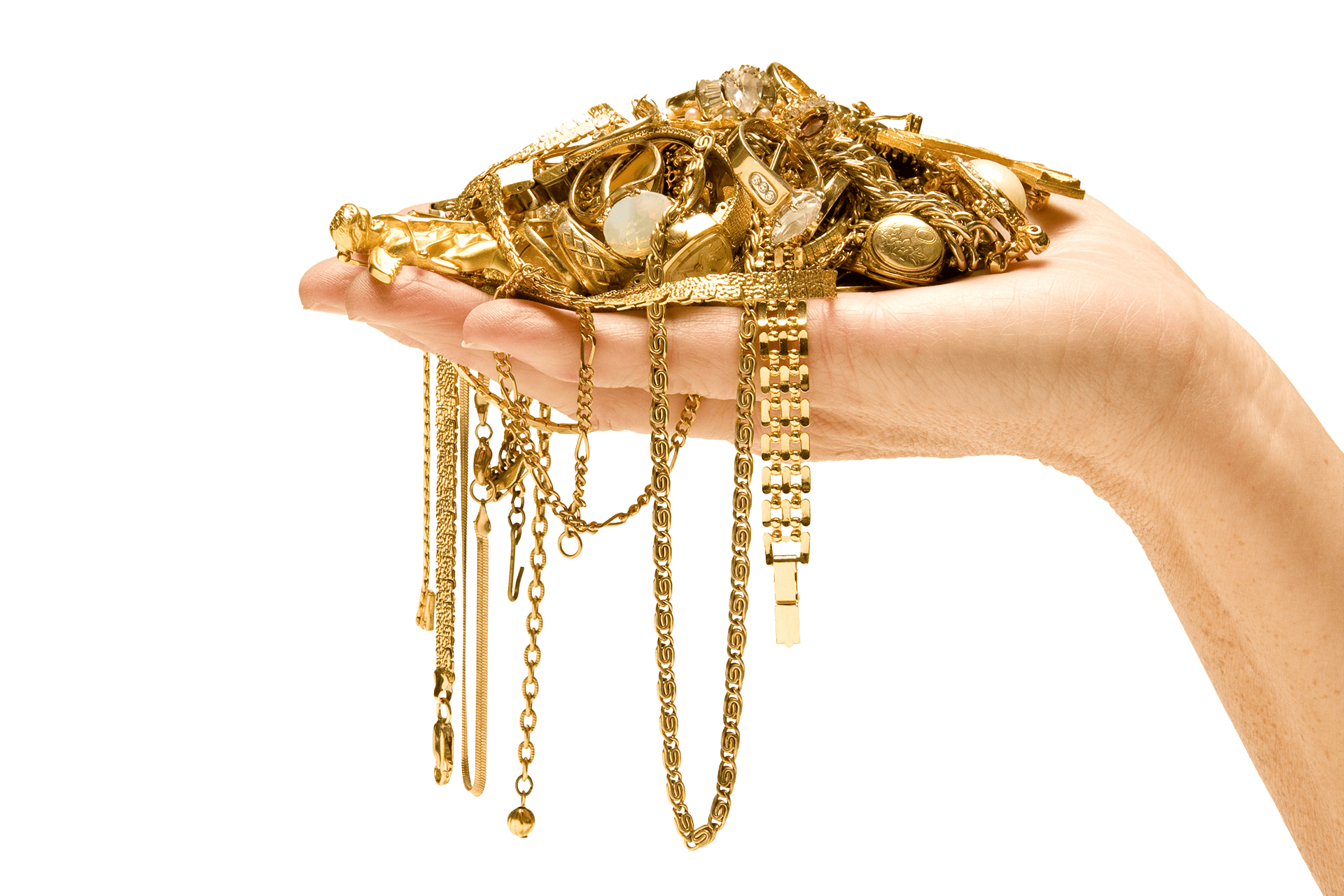 An open hand, palm up, holding a pile of gold bracelets, necklaces and rings on homepage of King Gold and Pawn in Brooklyn.