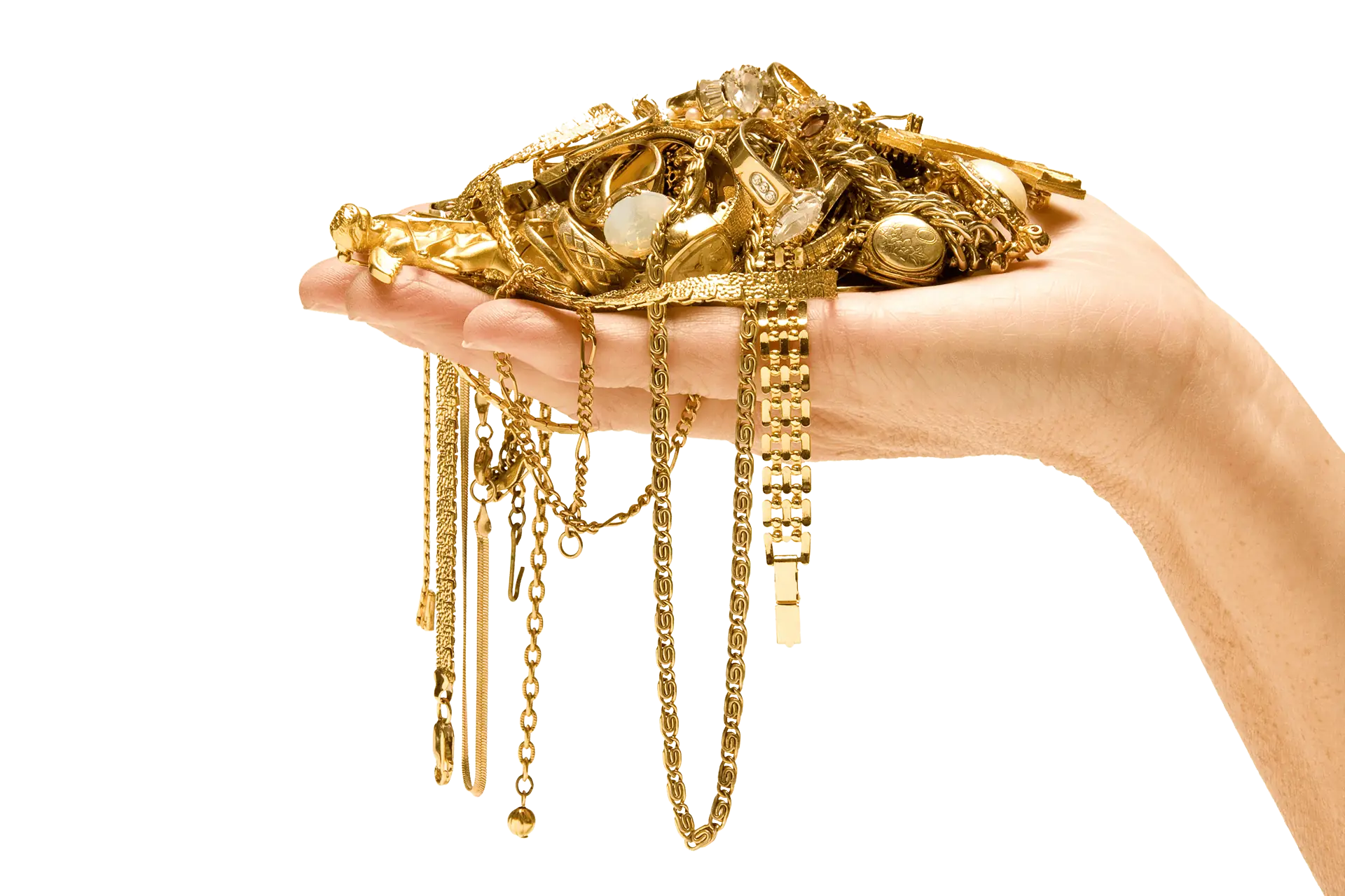 An open hand, palm up, holding a pile of gold bracelets, necklaces and rings on homepage of King Gold and Pawn in Brooklyn.