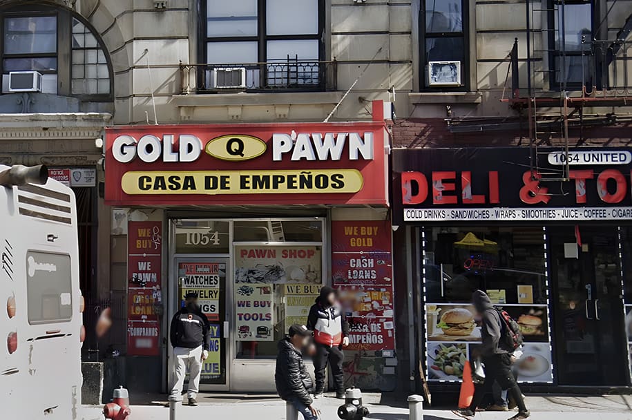 King Gold and Pawn shop at 1054 Southern Blvd in the Bronx, NY. Pawn shop store front with a red awning and business signs.