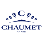 Logo for Chaumet, a luxury jewelry maker. Company name in blue text with a capital C above with 3 diamonds on either side.