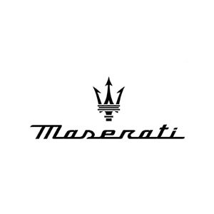 The Maserati logo, a luxury Italian car brand. A black trident with rings on the handle and the company name underneath.