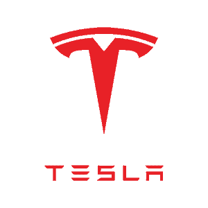 Tesla logo, a luxury US car brand. Red stylized 'T' depicting the cross-section of an electric motor above the company name.